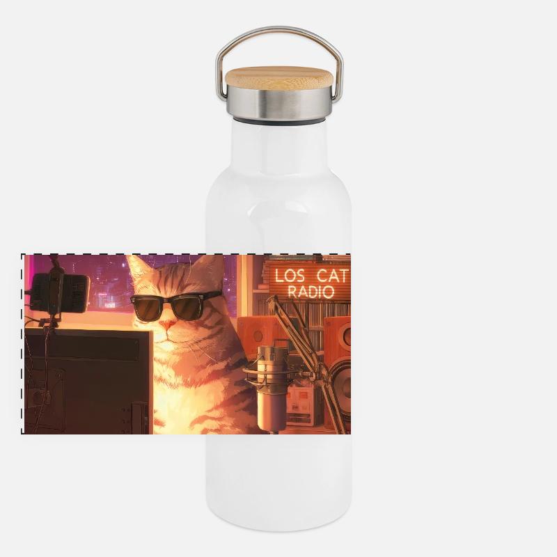 Cat Stream Neon Studio Panorama Thermosflasche mit Bambusdeckel