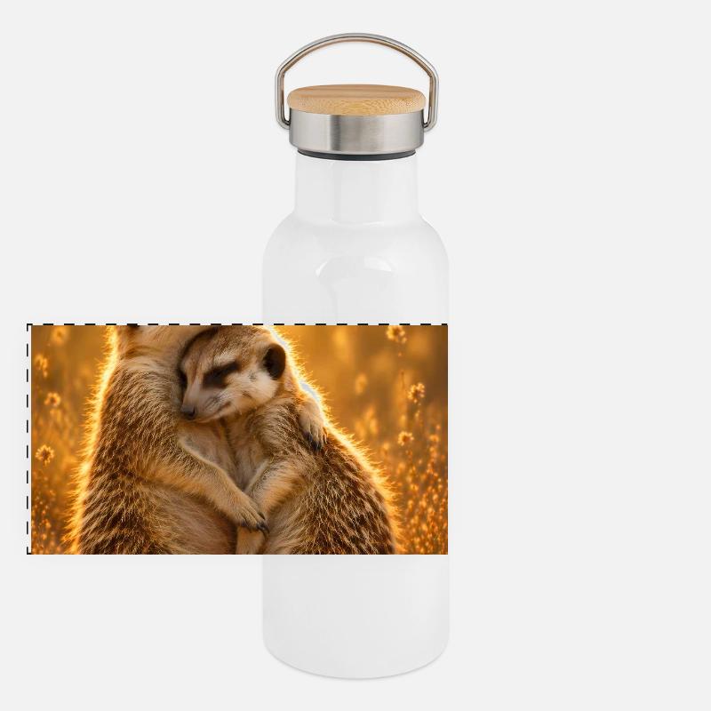 Erdmännchen Umarmung Panorama Thermosflasche mit Bambusdeckel