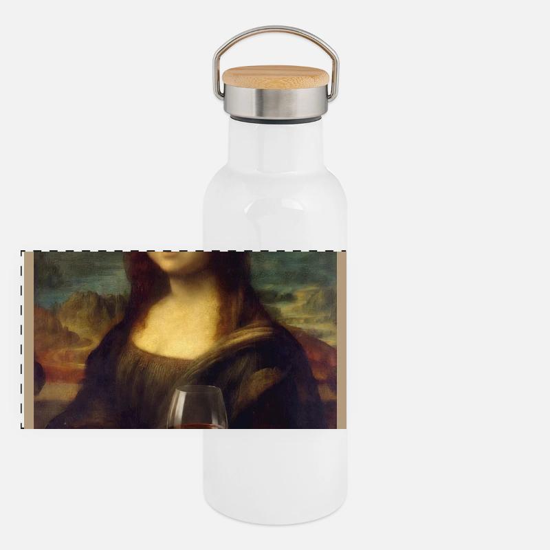 Mona Lisa with a Red Wine Glass - Panoramic Thermal Bottle with Bamboo Lid - white