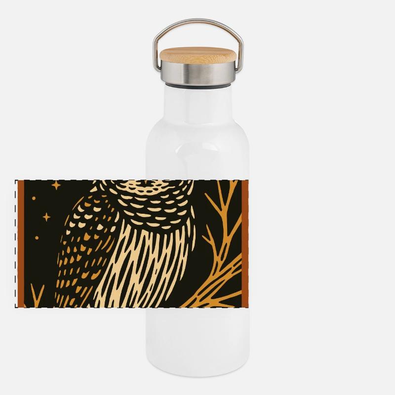 Nighttime Barred Owl Illustration Panoramic Thermal Bottle with Bamboo Lid