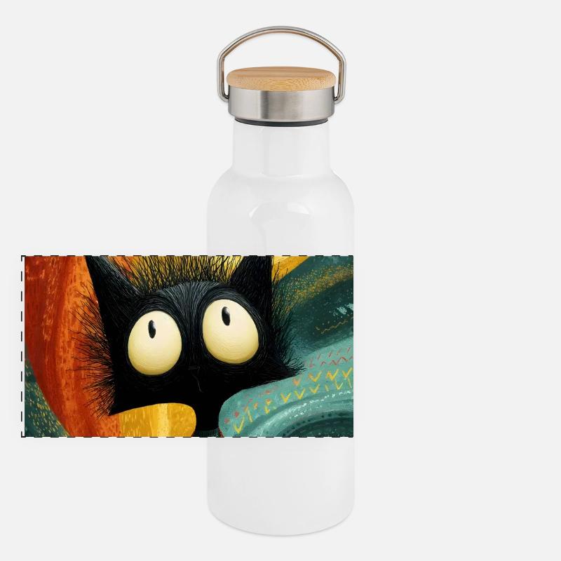 Chat noir curieux lisant livre coloré Gourde isotherme avec bouchon en bambou