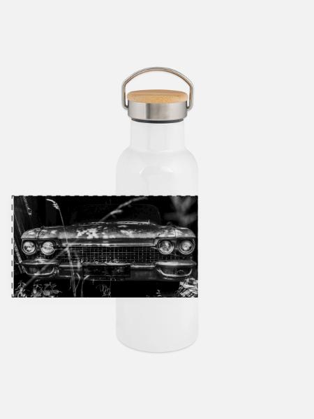 Cadillac Oldtimer - Panorama Thermosflasche mit Bambusdeckel - Weiß