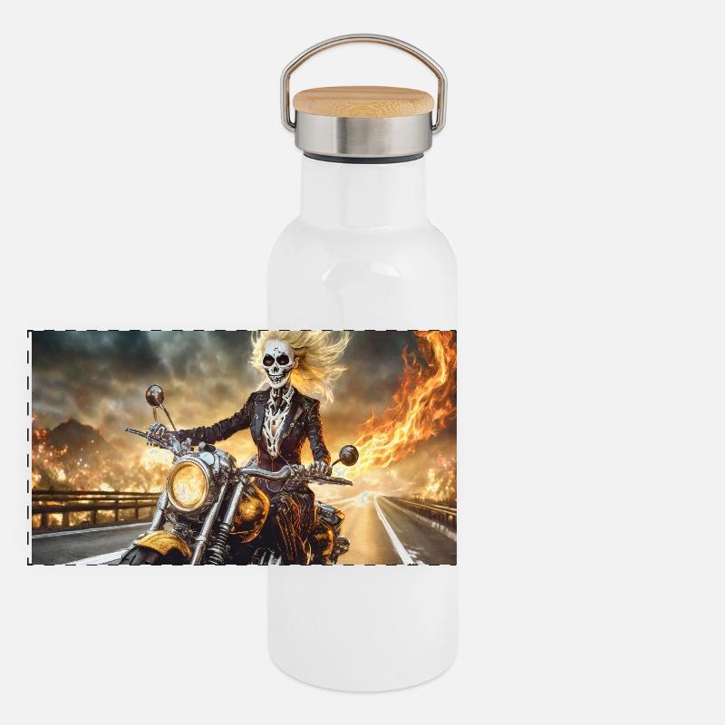 Skeleton on motorcycle in flame sky Panoramic Thermal Bottle with Bamboo Lid