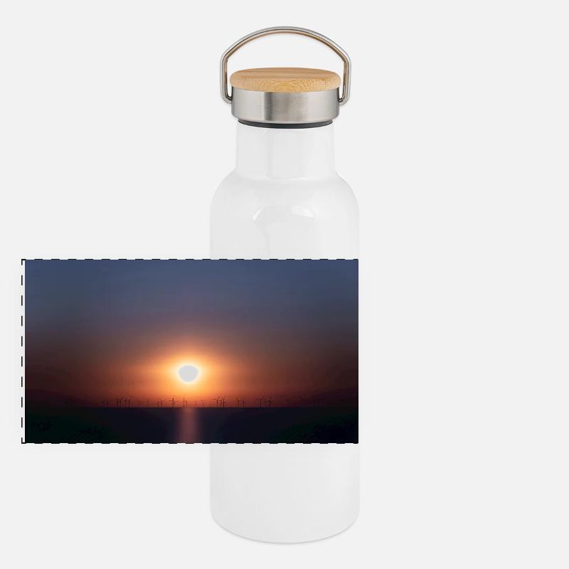 Sunset Wind Farm Silhouette Panoramic Thermal Bottle with Bamboo Lid