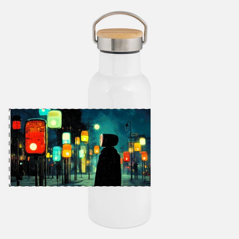 Night lamp path in neon light Ampelmännchen - Panoramic Thermal Bottle with Bamboo Lid - white
