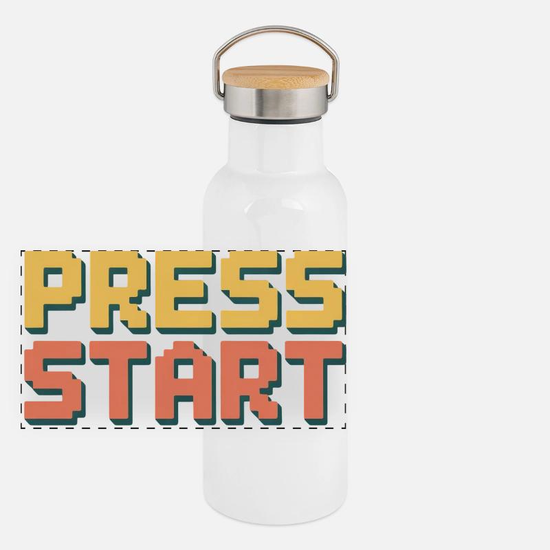 PRESS START Retro Gamer Pixel 8 Bit Arcade Panoramic Thermal Bottle with Bamboo Lid