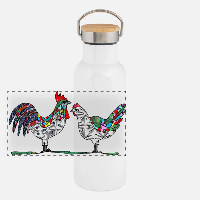 Coq et poule Gourde isotherme avec bouchon en bambou