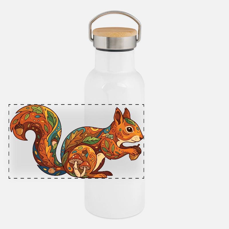 Herbstliches Eichhörnchen Muster Waldleben Natur Panorama Thermosflasche mit Bambusdeckel