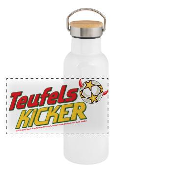 Teufelskicker Schriftzug Logo Mit Fußball - Panorama Thermosflasche mit Bambusdeckel - Weiß - Vorne