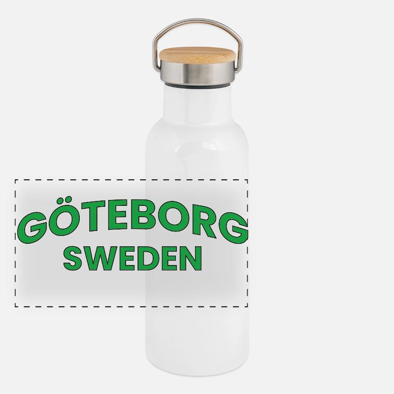 Göteborg Sweden in green curve text Panoramic Thermal Bottle with Bamboo Lid