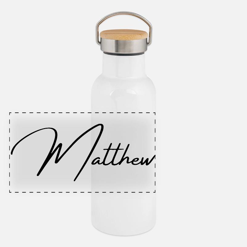 Conception du nom Matthew - Typographie élégante Gourde isotherme avec bouchon en bambou