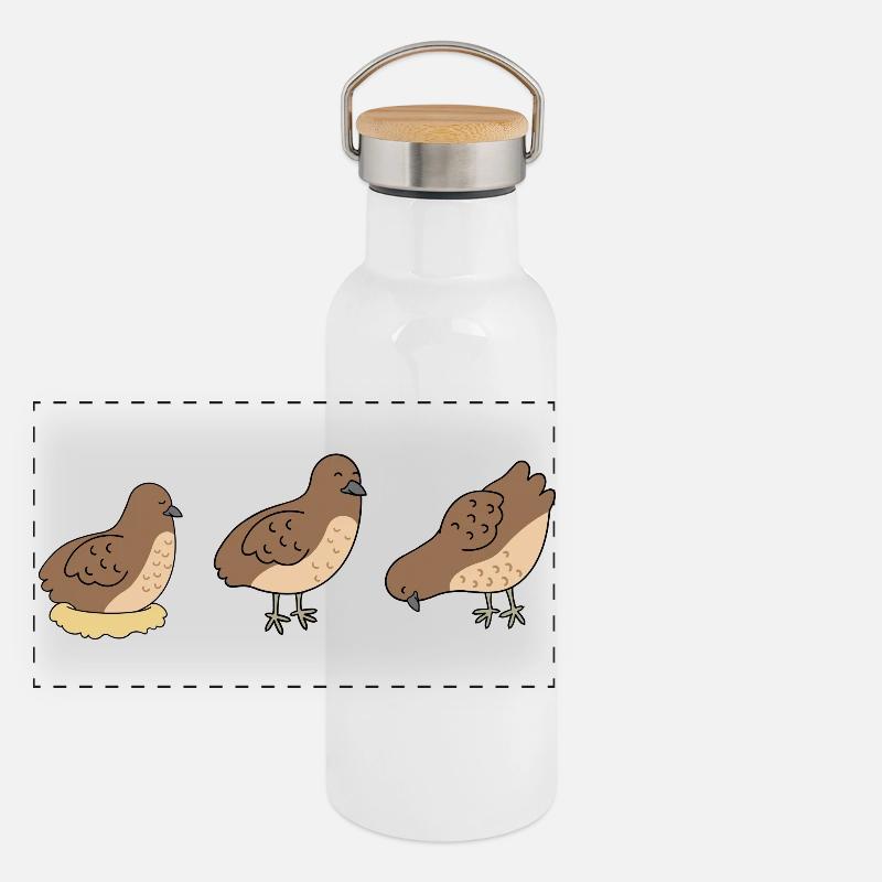 Three Quails - Minimalist Quail Design - Panoramic Thermal Bottle with Bamboo Lid - white