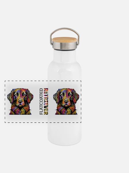 Flat Coated Retriever - Panorama Thermosflasche mit Bambusdeckel - Weiß