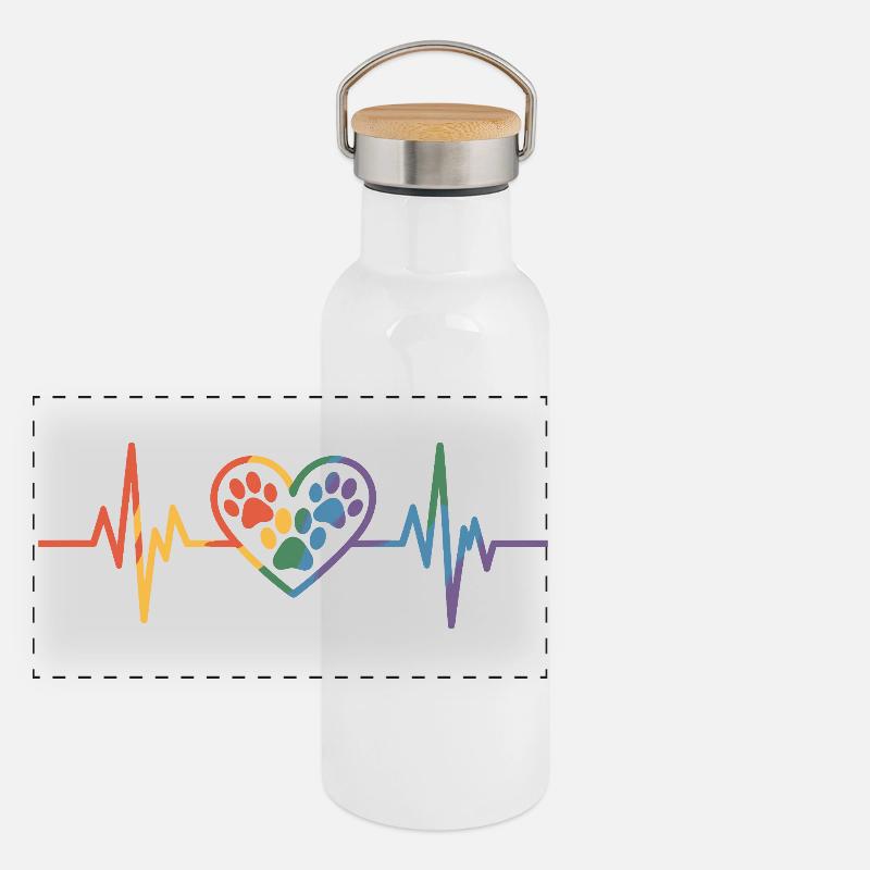 Bunter Herzschlag mit Hundepfote Panorama Thermosflasche mit Bambusdeckel