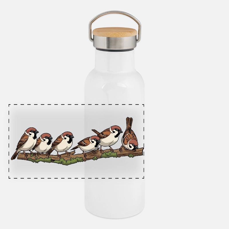 Sparrows on a branch nature illustration Panoramic Thermal Bottle with Bamboo Lid