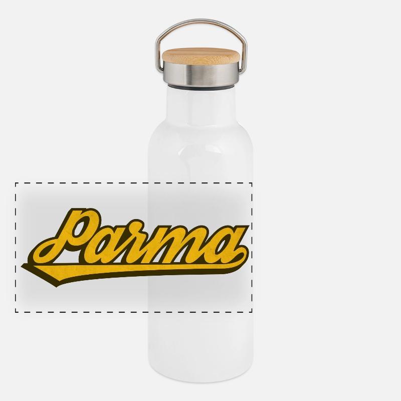 Parma Vintage Script Logo Panorama Thermosflasche mit Bambusdeckel