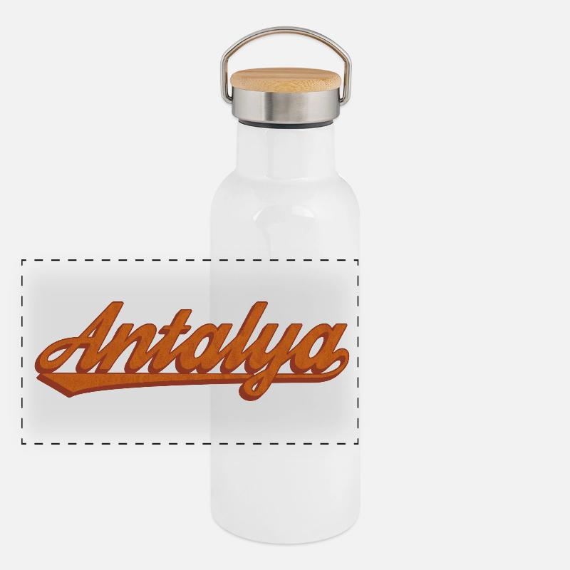 Antalya Schriftzug Retro Design Panorama Thermosflasche mit Bambusdeckel