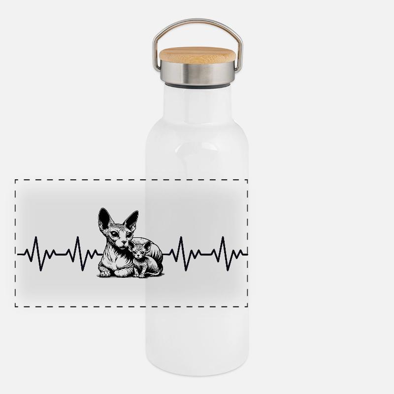 Sphynx Katze EKG Herzschlag Panorama Thermosflasche mit Bambusdeckel