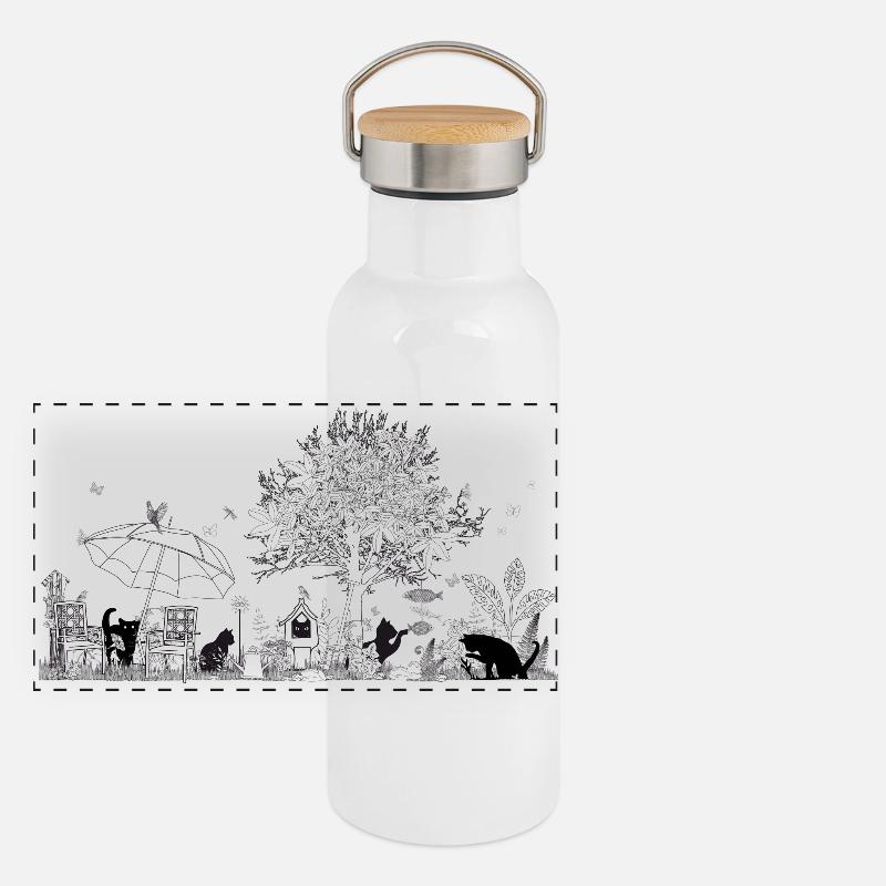 Zeichnung eines üppigen Gartens mit Katzen Panorama Thermosflasche mit Bambusdeckel