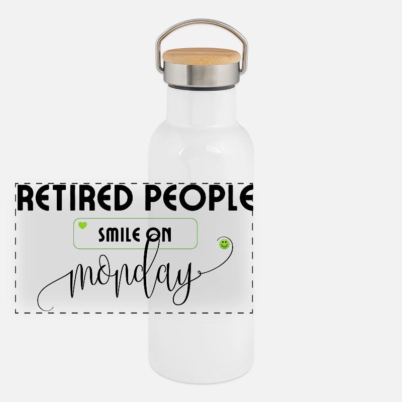 Rentner lächeln am Montag Ruhestand Spruch. Panorama Thermosflasche mit Bambusdeckel