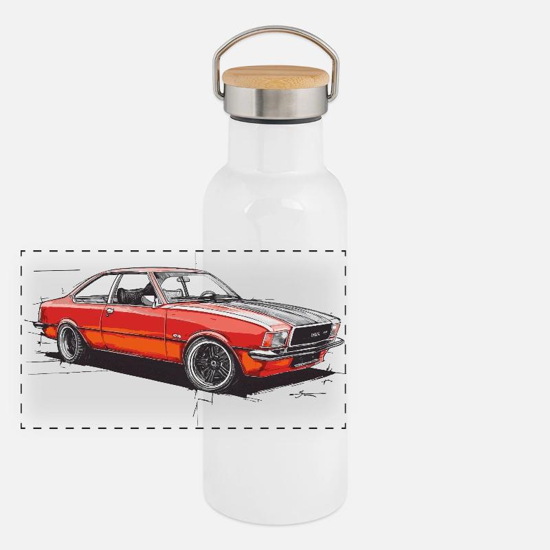 Roter Oldtimer-Coupéwagen Panorama Thermosflasche mit Bambusdeckel
