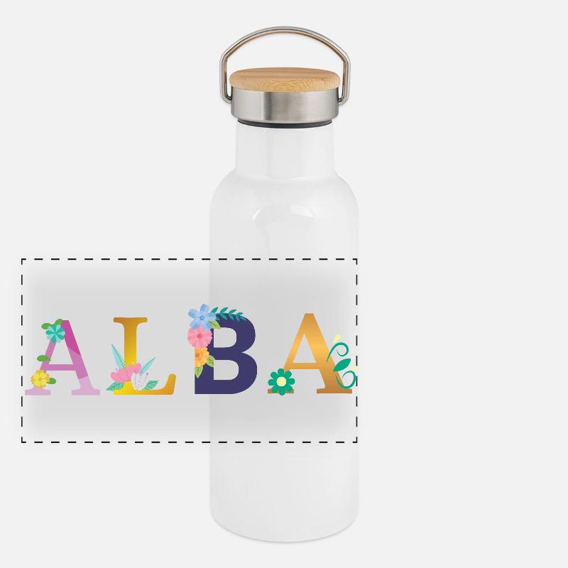 ALBA Name mit Blumen geschmückt Panorama Thermosflasche mit Bambusdeckel