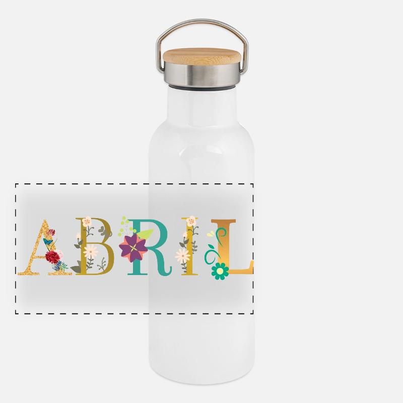 Nom ABRIL décoré de fleurs Gourde isotherme avec bouchon en bambou