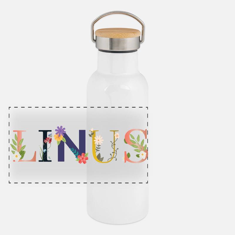 Le nom de LINUS est décoré de fleurs Gourde isotherme avec bouchon en bambou