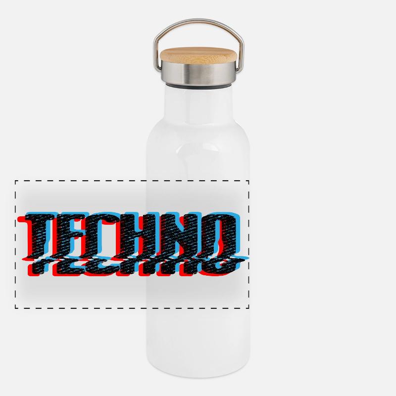 Techno Blue Neon Overprint Typografie Panorama Thermosflasche mit Bambusdeckel