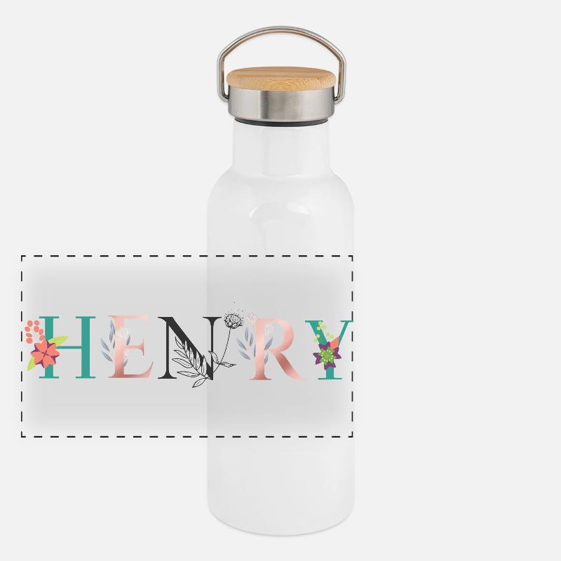 Art du nom HENRY avec fleurs brodées Gourde isotherme avec bouchon en bambou