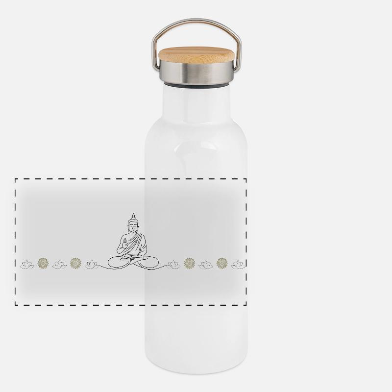Zen Buddha Silhouette auf Schwarz Panorama Thermosflasche mit Bambusdeckel