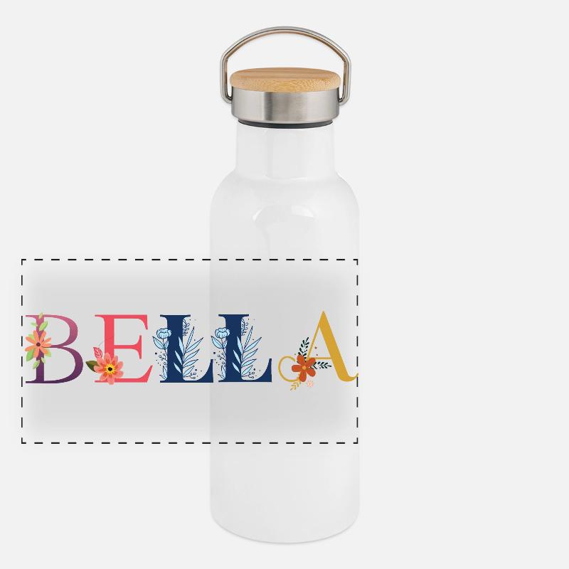 Le nom BELLA est décoré de fleurs Gourde isotherme avec bouchon en bambou