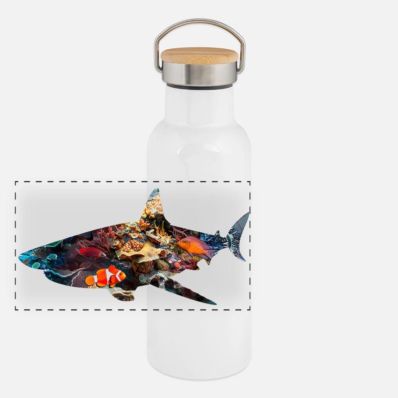 Coral Reef Shark Fish Silhouette Panoramic Thermal Bottle with Bamboo Lid