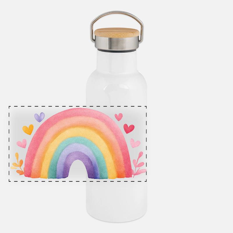 Minimaler Regenbogen Aquarell – Kinder Design Panorama Thermosflasche mit Bambusdeckel
