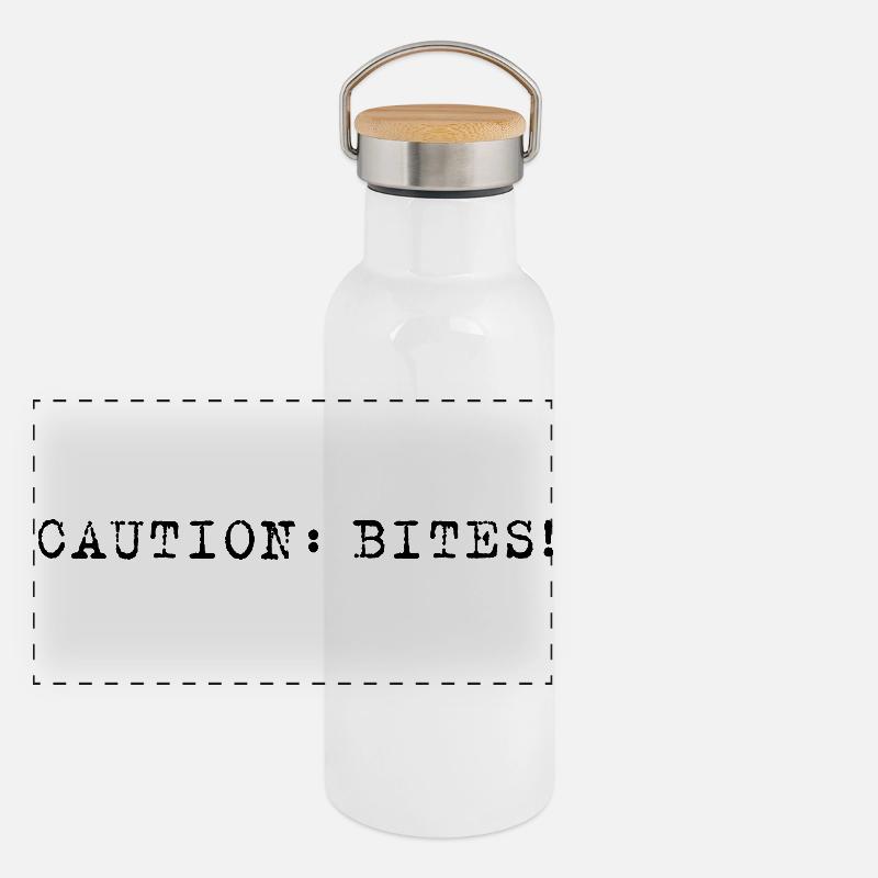 Caution: Bites! – Klare minimalistische Ansage Panorama Thermosflasche mit Bambusdeckel