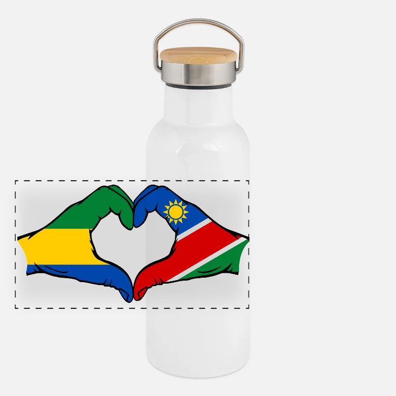 Gabon Namibia Flag Hands Heart Shape Panoramic Thermal Bottle with Bamboo Lid