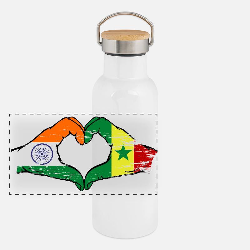 Inde Sénégal Drapeau Mains Coeur Forme Utilisé Gourde isotherme avec bouchon en bambou