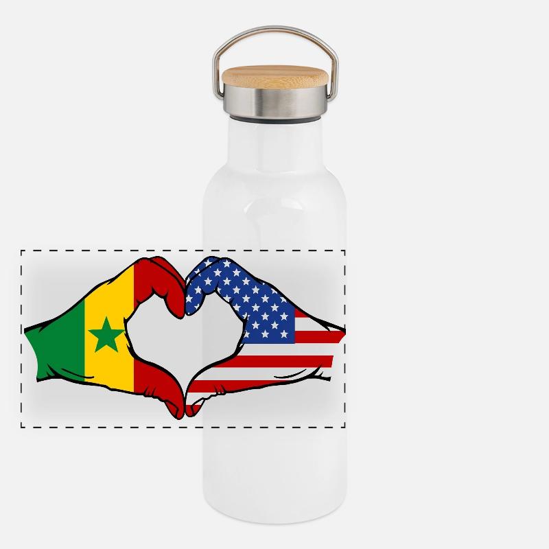 Senegal USA Flagge Hände Herzform Panorama Thermosflasche mit Bambusdeckel