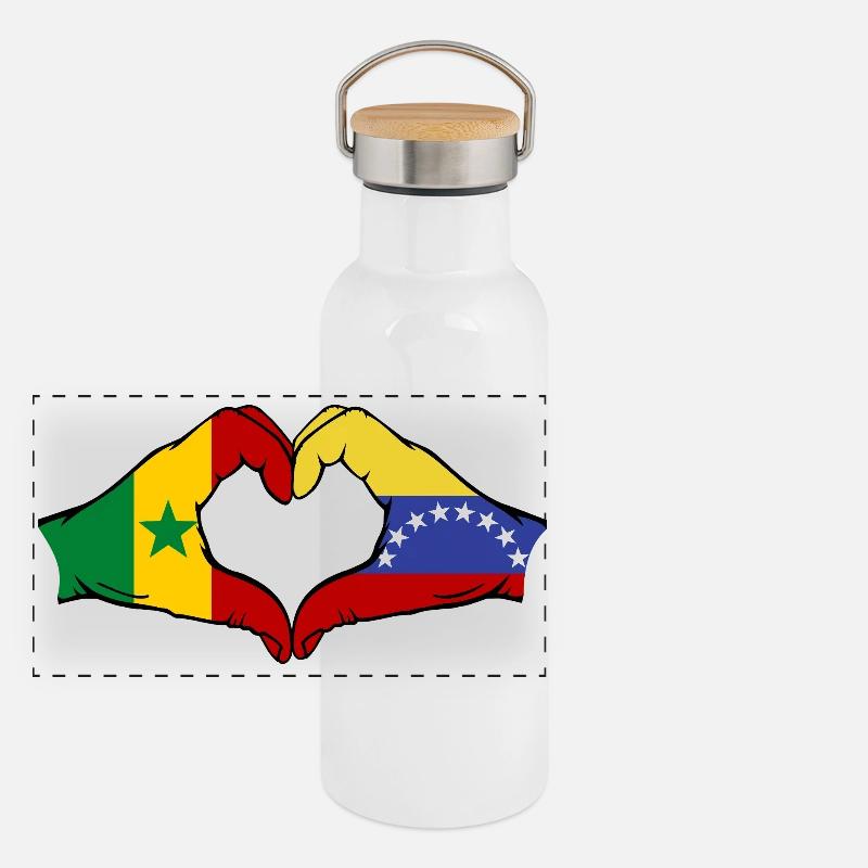 Senegal Venezuela Flagge Hände Herzform used Panorama Thermosflasche mit Bambusdeckel