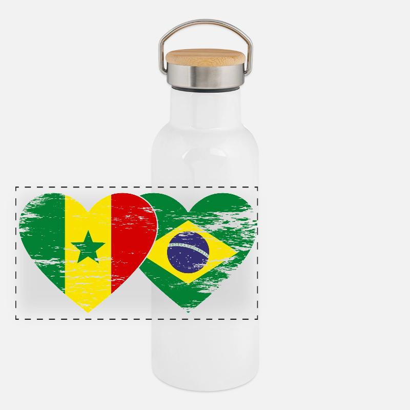 Sénégal Brésil Drapeau Mains Coeur Forme Utilisé Gourde isotherme avec bouchon en bambou
