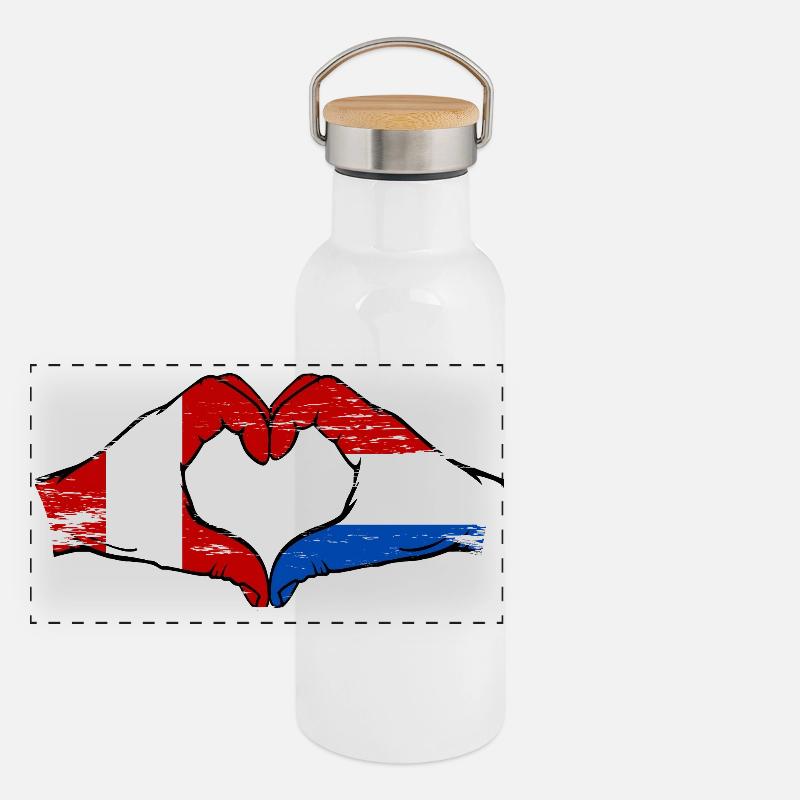 Drapeau Pérou-Hollande, mains en forme de cœur, utilisé Gourde isotherme avec bouchon en bambou