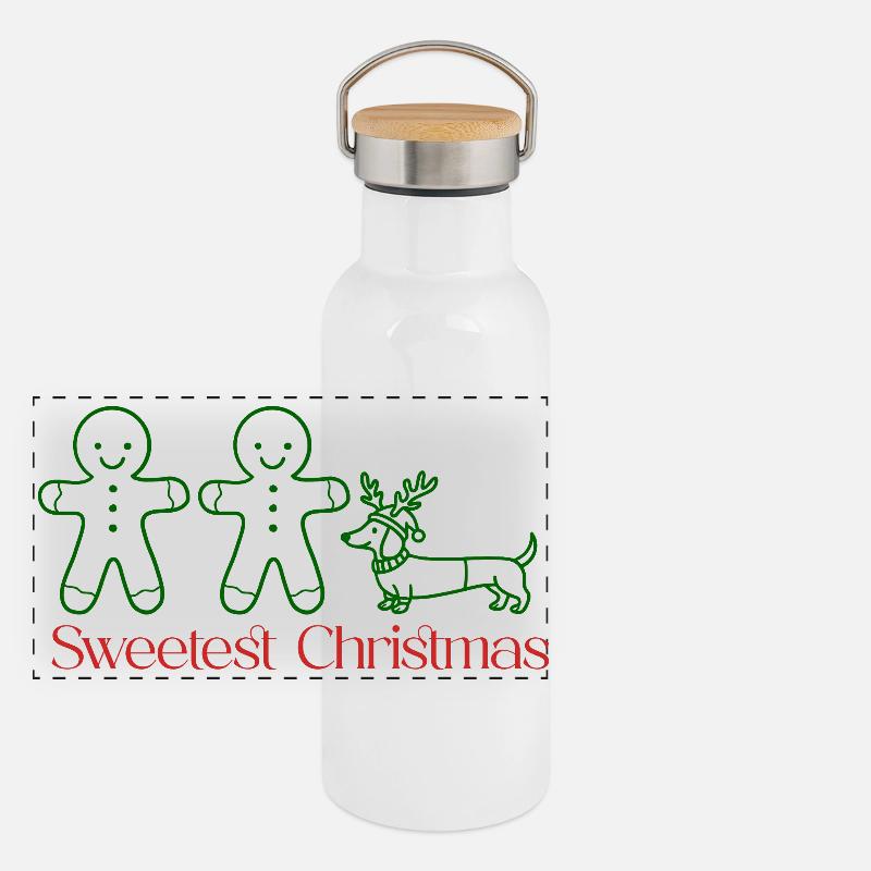 Christmas–Gingerbread Couple & Dachshund (green) - Panoramic Thermal Bottle with Bamboo Lid - white