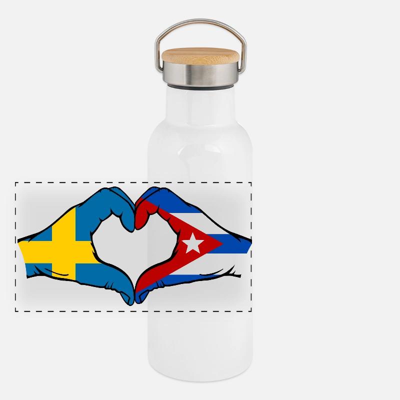 Drapeau Suède-Cuba Mains de cœur Gourde isotherme avec bouchon en bambou