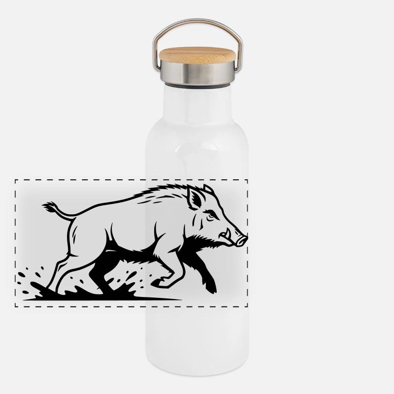 Wild Boar Running Hunting Nature Vector - Panoramic Thermal Bottle with Bamboo Lid - white