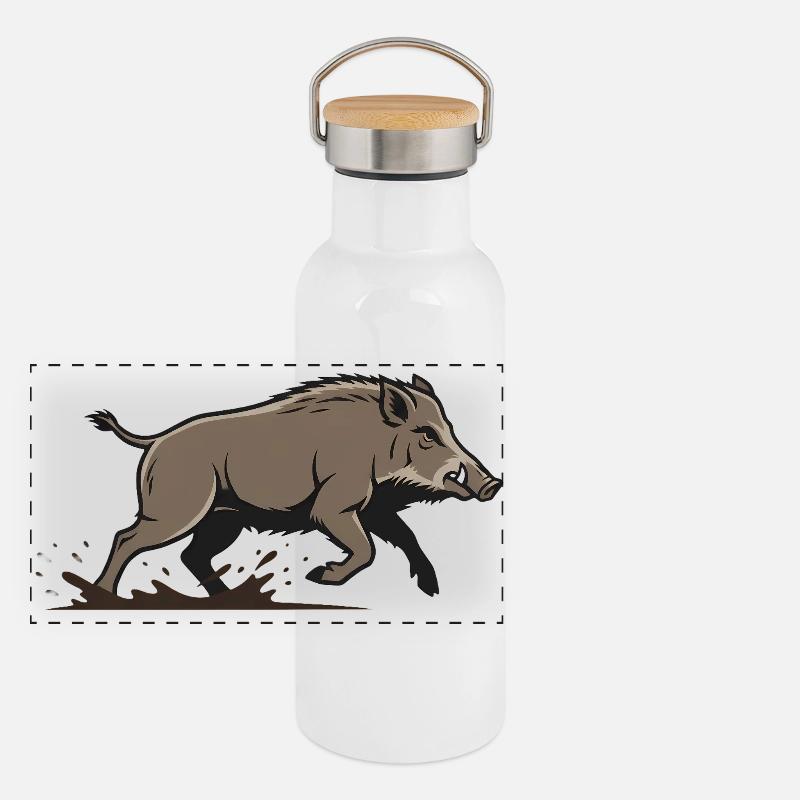 Boar Racing Attack Hunting Panoramic Thermal Bottle with Bamboo Lid