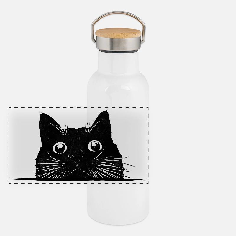 Peeping cat with whiskers black Panoramic Thermal Bottle with Bamboo Lid