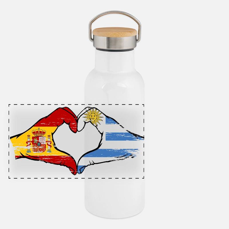Flaggenherz Spanien Uruguay used Panorama Thermosflasche mit Bambusdeckel