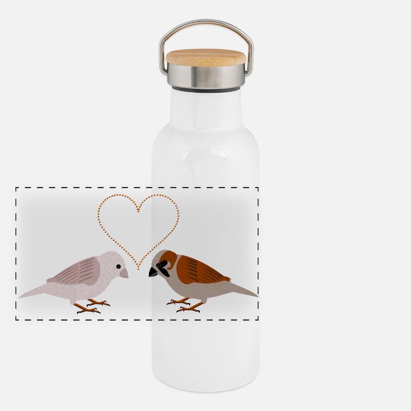 Winter Sparrows and Seeds heart Panoramic Thermal Bottle with Bamboo Lid