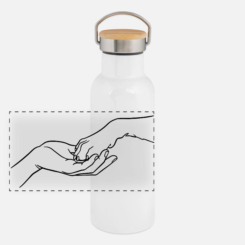 « Éternellement connectés » (patte en main) Gourde isotherme avec bouchon en bambou