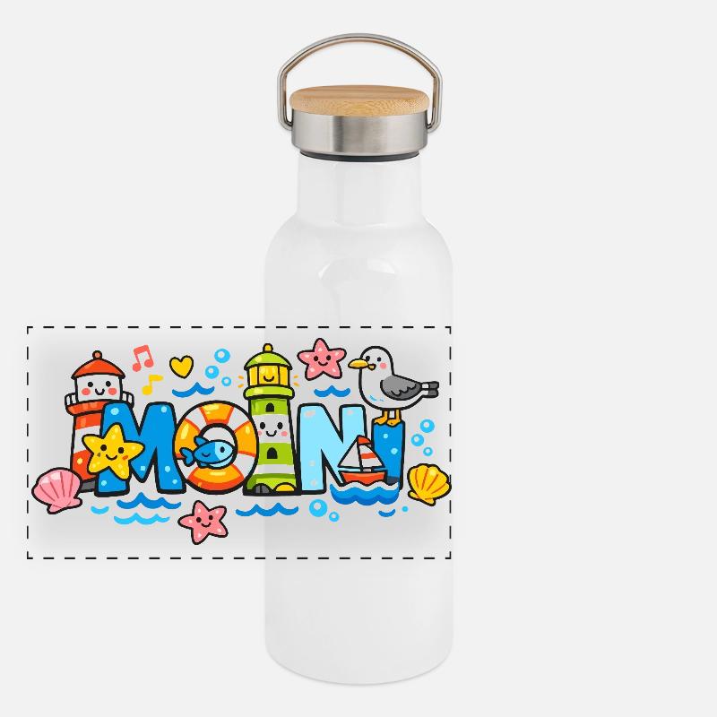 MOIN Möwe Leuchtturm Maritim Bunt Panorama Thermosflasche mit Bambusdeckel